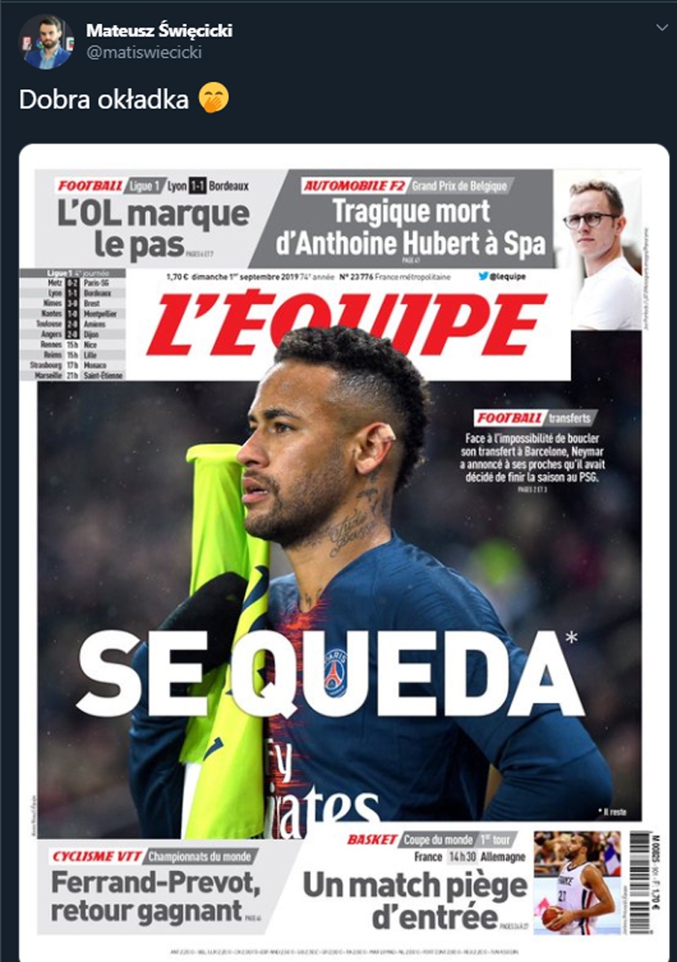 Niedzielna OKŁADKA ''L'Equipe'' nt. Neymara! :D